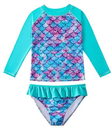 WYTbaby Girls Swimming Costume Uv Protection 2pcs Long Sleeve Mermaid Swimsuit Girls Rash Guard Summer Beach Swimming Set for 5-6 Years