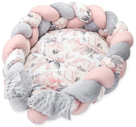 Babynest Neugeborene Nestchen Baby 75 x 45 cm – Plüschstoff Kuschelnest mit Zopf Kissen zerlegbares Set zweiseitig Babynestchen Babybett Wilde Rose