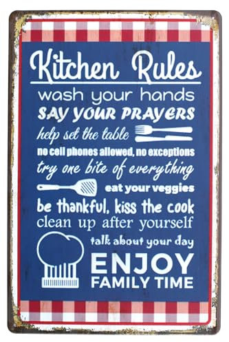 SUMIK Metall-Blechschild Kitchen Rules Wash Your Hands, Vintage-Kunst-Poster, Wanddekoration, Blau