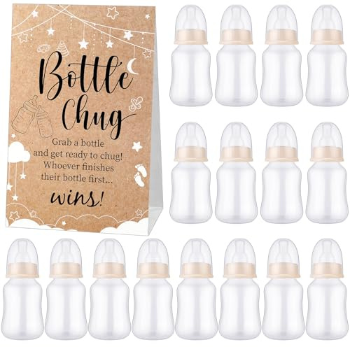 TrelaCo Flaschenbecher für Babypartys, 20 Stück, für Babypartys, Gastgeschenke mit 1 Kraft-Themenschild für Geschlechtsoffenbarung, Partyzubehör, Geschenke (Beige)