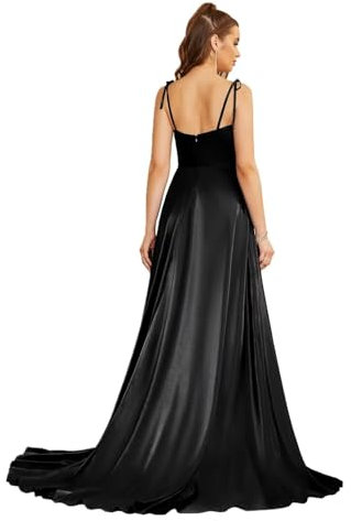 Misshow Robe de Soirée avec Fente Robe Femme Demoiselle d'honneur Longue Fendue en Satin Noir XL