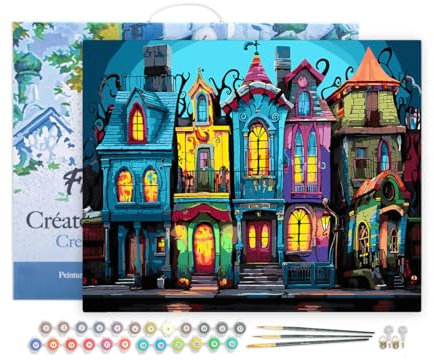 Figured'Art Peinture par Numéro Adulte avec Cadre Maisons gothiques colorées - Activité Manuelle Kit de Loisir Créatif DIY Numéro d'Art Complet - 40x50cm toile tendue sur châssis