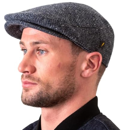Hatman of Ireland Authentische Tweed Flachkappe für Herren 100% Donegal Tweed Fischgrätenmuster handgefertigt Hergestellt in Irland