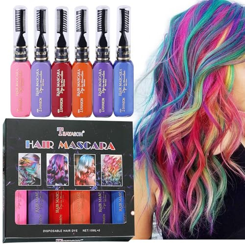 Regenbogen Haarkreide für Mädchen Kinder und Erwachsene - 6 Waschbare Farben, Temporäres Haarkreide-Kamm-Set für Feiertage, Geburtstage, Haar- und Augenbrauen-Cosplay