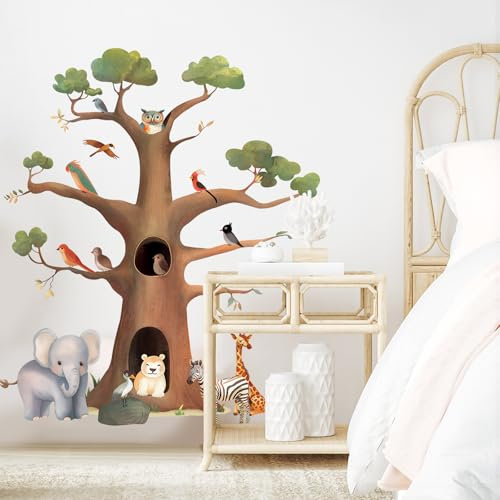 Wandtattoo Tiere Baum Wandaufkleber, Elefant Fuchs Elch Waldtier Wandsticker, Wanddeko für Babyzimmer Schlafzimmer Wohnzimmer Spielzimmer Kinderzimmer