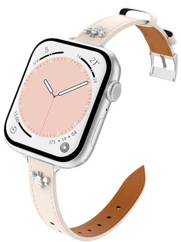 Astorgos Cinturino Sottile in Pelle Compatibile con Apple Watch Series 9 8 7 6 5 4 3 2 1 SE SE2 38/40/41mm, Cinturino di Ricambio in Vera Pelle per Donne, Beige/Argento