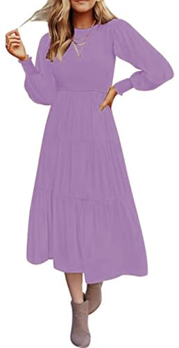 Abito da donna casual a maniche lunghe con scollo rotondo e punto smock vita alta fluida maxi abito a strati, Lilla, M