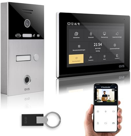 GVS - IP Video Türsprechanlage mit Türöffner, Fingerprint & RFID, HD Kamera, 1x 7 Zoll Monitor & App - Smarte Video Türklingel mit Kamera & Gegensprechanlage für 1 Familienhaus (AVS5084A)