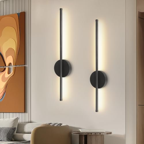 Dehobo Rechargeable Wall Sconce Lights, Battery Operated Wall Lights 3 Color Temperature, Wall Lamp Dimmable Wireless with Remote Control Black 60CM for Living Room Bedroom Hallway, 2 Pack