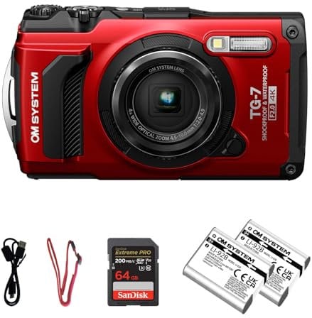 OM System Tough TG-7 Digital Camera - Red | Waterproof 12MP Outdoor Adventure Camera w/ 4K Video, Travel for Hiking, Snorkeling w/Extra Rechargeable Li-ion Battery & 64GB Memory Card Bundle