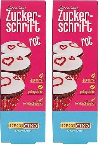 Decocino Zuckerschrift in Rot – Lebensmittelfarben-Schrift – praktische Tube zur Beschriftung von Fondant & Glasuren – Back-Deko für Torten, Kuchen & Cup-Cakes! (Packung mit 2)