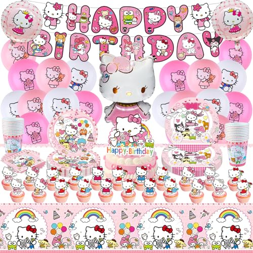 98PCS Cat Birthday Decorations for Girls, Party Supplies Happy Birthday Banner Cake Toppers Plates Cups Napkins Tablecloth Latex Balloons Cartoon Theme Decorations Shower for 10 Guests