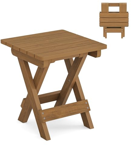 LUE BONA Beistelltisch Outdoor Wetterfest Klappbar,Beistelltisch Garten Balkon aus HDPS,Klapptisch Klein mit Einfacher Montage,Robuster Abstelltisch für Camping,Terrasse,32 × 32 × 36cm,Teakfarbe