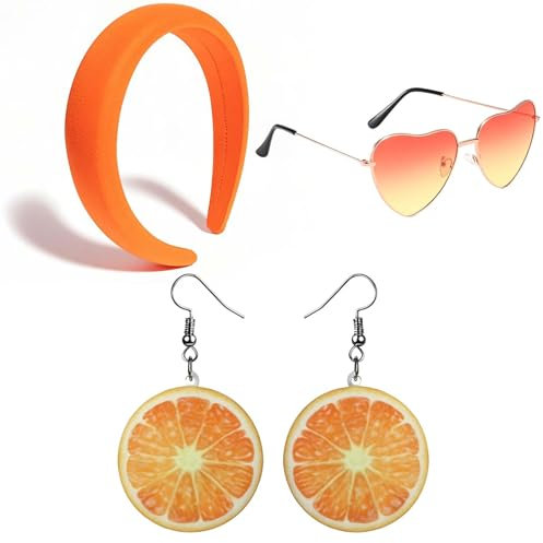Scinzene Geschenk Set, 1 Ohrringe Orange, 1 Orangen Haarreif, 1 Retro Orange gläser Sonnenbrille Herzform für Liebhaber Fasching Karneval Cosplay Kostüme Accessoires