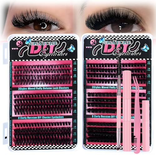 MOTIBACK Kit Extension Cils Professionnel 456 pièces - Faux Cils Individuels - Cluster Lashes 12-18MM, Comprend pince à cils ergonomique, décolleur, brosse nettoyante, colle (Rose)