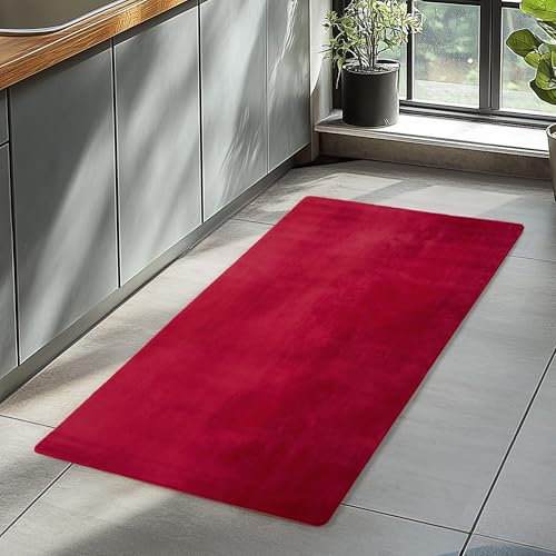 HomebyHome Kurzflor Teppich Läufer Flur 80 x 150 cm Rot - Teppich Weich, Waschbar, rutschfest, modern einfarbig Design - für Wohnzimmer, Schlafzimmer, Küche, Esszimmer