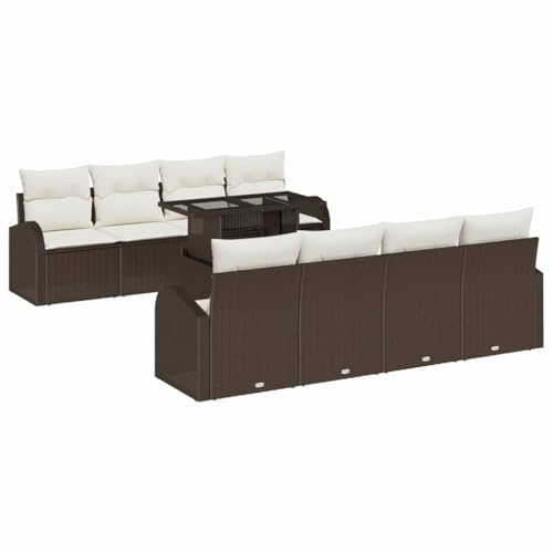 vidaXL 9-teiliges Gartensofa-Set mit Kissen in Braun und Weiß – modulares Sitzmöbel für draußen | Bequeme Couch mit verstellbaren Füßen, wetterfestes Design für Patio, Terrasse und Lounge aus Rattan