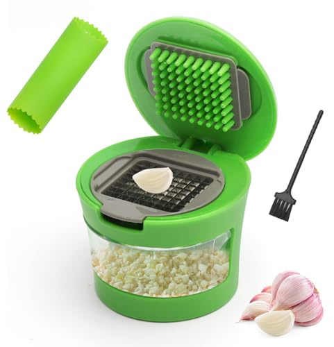 KQDRAVINE Knoblauchpresse, Zwiebel Zerkleinerer, Knoblauchschneider Mini, Slap Chop, Knoblauchhacker, Mit Silikonschaber und Bürste, Knoblauchmühle für Obst GemüSe Zwiebel Ingwer Chili Erdnuss, Grün