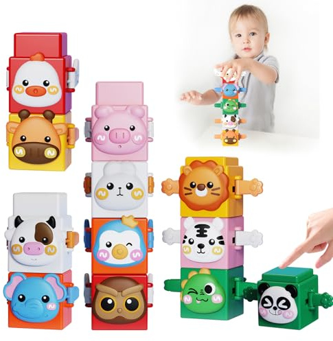 Bausteine für Kinder ab 1 Jahr, Stapelturm Baby Stapelwürfel ab 6 9 12 Monate,Stapelspiel Stapelspielzeug Tiere zum Stapeln Bausteine Balancespiel für Baby Kleinkinder