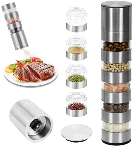 5 in 1 Gewürzstreuer, Edelstahl Tragbare Gewürzdosen, Mini Gewürzgläser Set | Gewürzstreuer Edelstahl Gewürzgläser Leer, mit Gewürzmühle, Mini Pfeffermühle für Reisen, Camping, Grillen im Freien, Küche
