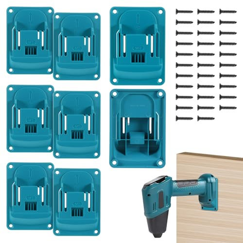 wlertcop 8 Pack Wall Mount Tool Drill Holder for Makita 18V 14.4V, Blue | makita battery holder, included 32 screws, sturdy ABS, pre-drilled holes, impact-resistant, space-saving in tight spaces
