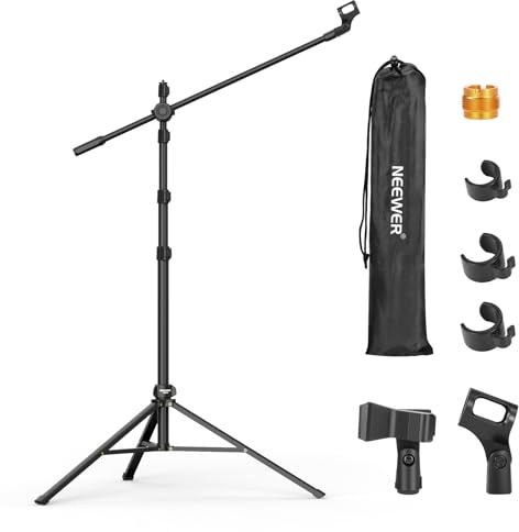 NEEWER Asta Microfono da Terra, Treppiede Mic con Boom Arm, Supporto e Braccio Regolabili Robusti con 2 Morsetti Microphone, 3 Fermacavi, Borsa, Adattatore 3/8 a 5/8 per Canto Podcast Riprese, MS046