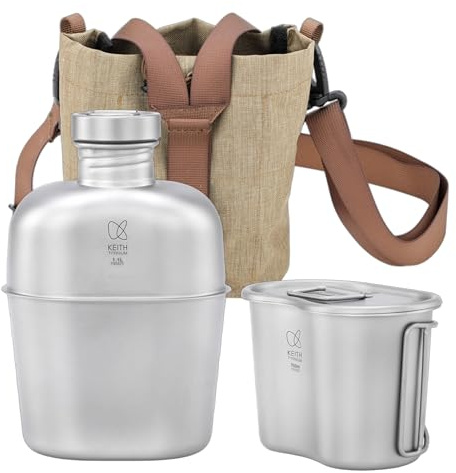 KEITH Ultralight Titanium Canteen Mess Kit, 1100ml Water Bottle & 700ml Bowl with Carry Pouch, Wide Mouth Backpacking Kettle & Mug for Hiking, Camping, Picnic, Travel, Outdoor Gear(Ti3060)