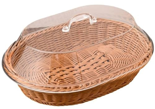 Faroby Cesta de Pan con Tapa - Cesta de Mimbre Ovalada de ratán de 14x10x5, 5 con Cubierta acrílica, Bandeja organizadora de Dulces para exhibición de Alimentos, panadería