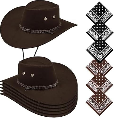 Xaztr 6er Set Western Cowboyhüte mit 6 Bandanas, Braune Cowboyhüte mit Breiter Krempe aus Wildlederimitat, mit Verstellbarem Kordelzug für Damen und Herren, Kostümpartys