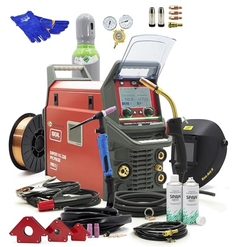 Ideal ExpertMIG 220 PFC Poste à souder XXL – Double impulsions MIG MAG & WIG – Avec casque, brûleur TIG, gaz 8 l, angle magnétique et accessoires – Inverter 5 en 1 200 A pour aluminium, acier