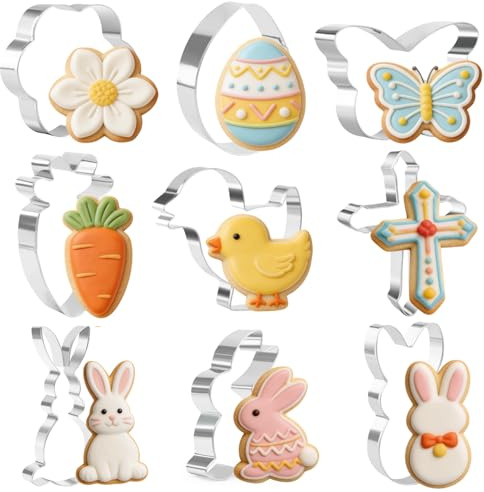 Oster-Ausstechformen, 9 Stück Küken, Karotte, Ei, Hase, Schmetterling, Kreuz, Blumen – Ausstechformen aus Edelstahl für Kekse und Gebäck, thematisches Backset für die Feiertage