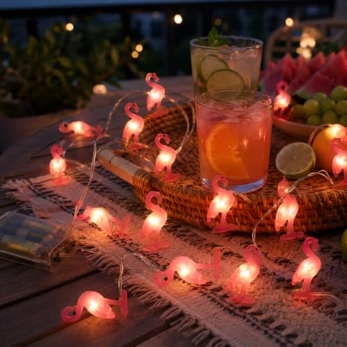 Taechalingo Flamingo Lichterkette,2M 20 LED Flamingo Lichterkette Batterie,Flamingo Table Decoration,Hawaii Sommer Lichterketten für Hawaii-Partys Im Innen- und Außenbereich Sommerfest Strand Deko