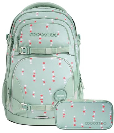 coocazoo Schulrucksack-Set Porter Dancing Dots 2-teilig, grüner Schulrucksack 35 l mit Easy-Grow-System, ergonomisch, höhenverstellbar, inkl. Schlampermäppchen