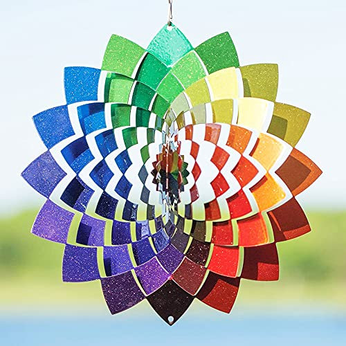 VP Home Kinetisches Windspiel mit Regenbogenblume, großes Metall-Hängedekor, 3D-Gartenkunst, Windskulptur, Spinner, kinetische Skulptur, Mandala-Kunst