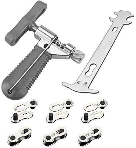 Bicycle Chain Tool Kit, 6 Pairs Bicycle Missing Link + Bicycle Chain Breaker + Chain Wear Gauge|Qkurt Bike Cycling Chain Mechanic Repair Tool Set for 6/7/8/9/10 Speed Chain Link Repair, Gray