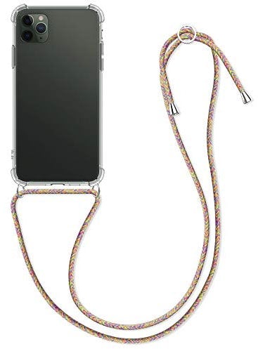 kwmobile Crossbody Case Compatible with Apple iPhone 11 Pro Max Case - Clear TPU Phone Cover w/Lanyard Cord Strap - Transparent/Dark Pink/Violet