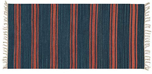 Kelim 140x70 Handgewebt Teppich 70x140 Blau Streifen Linien Handarbeit d