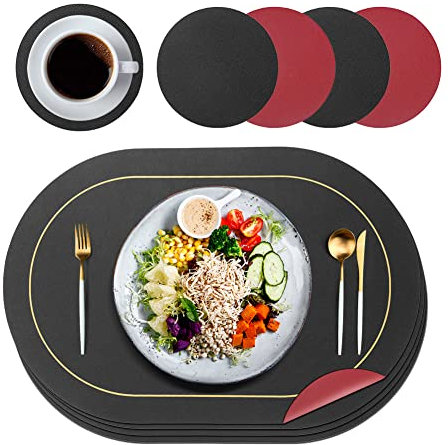 4er Set Tischsets Leder und Untersetzer, Platzsets Abwaschbar Tischsets Abwaschbar Rund Doppelseitigen rutschfest Platzdeckchen Leder Kunstleder Tischset Lederoptik Platzset (Schwarz+Rot)