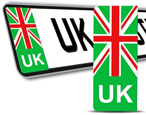 Biomar Labs® 2 x Vinyl UK Car Number Plate Stickers Green EV Electric Brexit United Kingdom Union Jack Flag Decals Badge QV 6