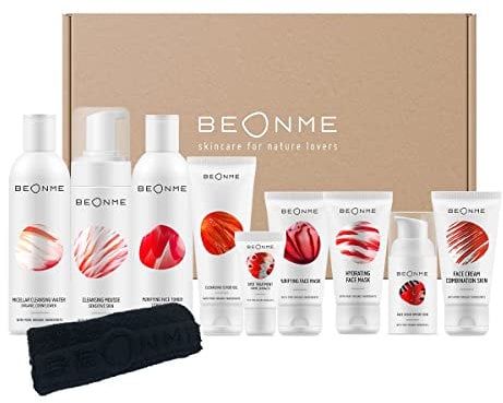 BeOnMe - BIO und VEGAN Klärendes Pflegeset für Mischhaut und fettige Haut: Mizellenwasser, Reinigungsmousse, Peeling, 2 Masken, Toner, Serum und Creme, SOS-Anti-Pickelpflege, Kosmetiktuch - 10tlg Set