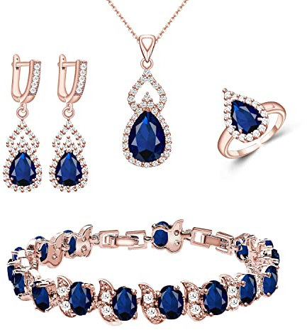 LMXXVJ Parure de bijoux pour femme avec collier, bague ouverte, bracelet, cadeau d'anniversaire, fête des mères, cadeau pour maman, épouse, sœur, meilleure amie, Plaqué or rose, Saphir bleu - Zircon
