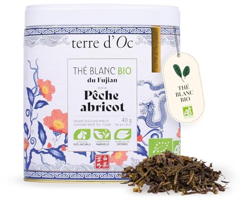 Terre d'Oc - Thé Blanc Bio du Fujian - Pêche Abricot - Vrac - 40g | Bai Mu Dan - Bourgeons et Feuilles Argentées - Récolte de Printemps, Faible en Théine - Idée Cadeau - Boite Métal