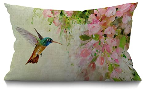 BGBDEIA Hummingbird Cushion Cover Lovely Hummingbird and Pink Flowers Oil Painting Art Cotton Linen Decorative Rectangular Throw Pillow Cover Pillowcase for Sofa and Bed Couch 12X20 30 x 50 cm