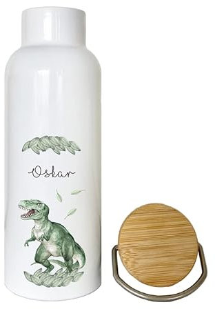 Manufaktur Liebevoll Trinkflasche mit Namen | Personalisiertes Geschenk | 500 ml Isolierflasche aus Edelstahl mit Bambusdeckel | mit Dinosaurier