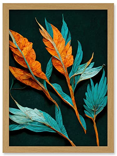 Wee Blue Coo Striking Modern Bright Teal and Orange Detailed Dried Leaves on Black Artwork Framed Wall Art Print A4