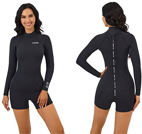 MWTA Womens Shorty Wetsuit, 2mm Neoprene Long Sleeve Swimsuit with Back Zip, Offers UV Protection, Wetsuit for Diving Snorkeling Swimming Surfing, Size 16