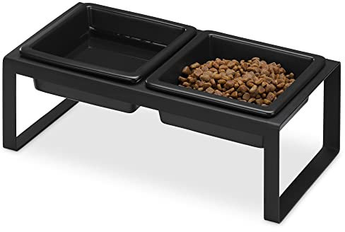Navaris Gamelle Double Chat Chien - Lot 2X Bol carré 250ml en grès avec Support métal 29 x 15,5 x 10 cm - Porte-gamelles pour Croquette Eau pâtée