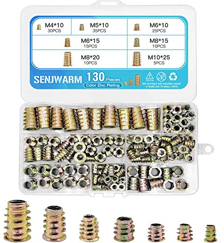 Sortiment von Muttern Werkzeugsatz, Gewindeeinsätze Muttern 130 Stück, M4 M5 M6 M8 M10 Schraubenmutter, Innensechskantschrauben für Gewindeeinsätze für Möbel Holz