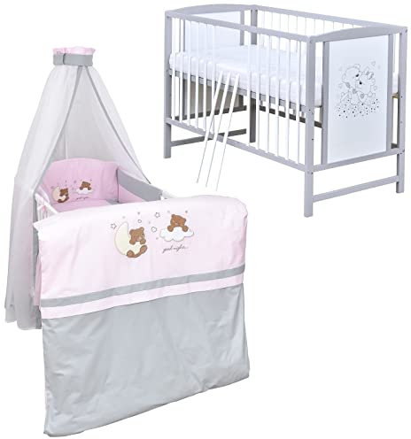 Baby Delux Babybett Komplett Set Kinderbett Mia 120x60 weiß grau Matratze Bettwäsche Set mehrteilig (Traumland rosa grau)