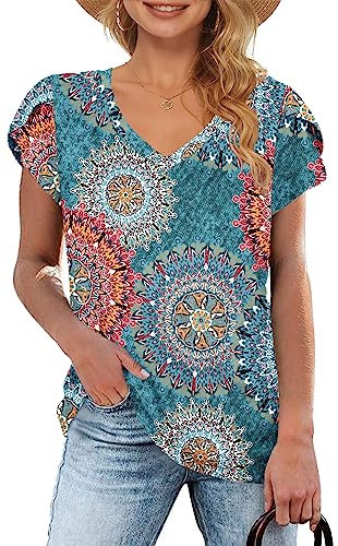 WNEEDU T-Shirt Damen Sommer V Ausschnitt Kurzarm T Shirts Tops Basic Oberteile Druck Grün M